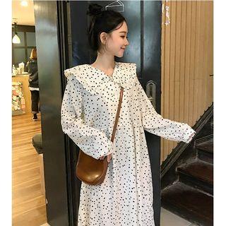 Peter-pan-collar Dotted Long-sleeve Midi Dress
