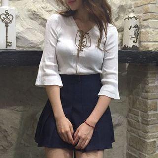 Lace Up Front Elbow Sleeve Knit T-shirt