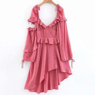 Asymmetric Cutout Dotted Long-sleeve A-line Dress