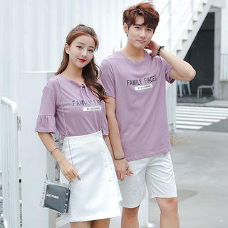 Women Set: Short-sleeve Lettering T-shirt + Asymmetrical A-line Skirt / Men T-shirt / Shorts