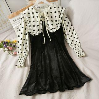 Patchwork Ribbon-neckline Velvet Mini Dress Black - One Size