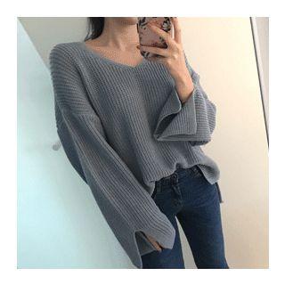 V-neck Slit-sleeve Sweater