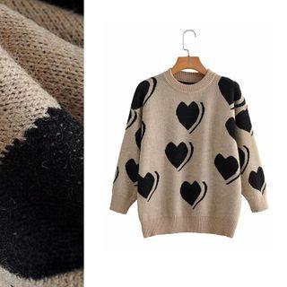 Heart Print Sweater 9873 - Light Khaki - One Size