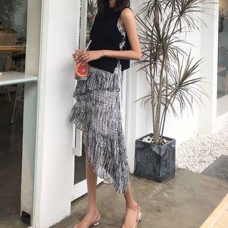 Plain Slim-fit Knit Vest / Irregular Ruffle Sleeveless Dress