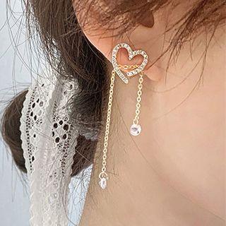 925 Sterling Silver Rhinestone Fringed Heart Stud Earring 1 Pair - One Size