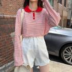 Striped Long-sleeve Polo Shirt / Wide Leg Shorts