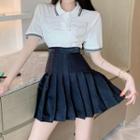 Short-sleeve Rhinestone Polo Knit Top / Pleated A-line Skirt