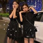 Sequined Short-sleeve T-shirt / Mesh Panel Short-sleeve A-line Dress