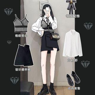 Set: Long-sleeve Shirt + Houndstooth Vest + Mini A-line Skirt