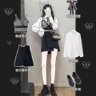 Set: Long-sleeve Shirt + Houndstooth Vest + Mini A-line Skirt