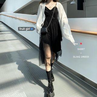Spaghetti Strap Mesh Midi Dress / Light Jacket