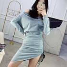 Off-shoulder Long-sleeve Asymmetric Hem Bodycon Dress