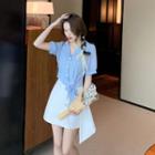 Puff-sleeve Drawstring Plaid Shirt