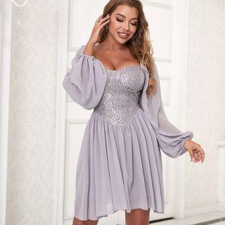 Long-sleeve Sequin A-line Dress