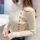 Button-up Mock-neck Ribbed Knit Sweater