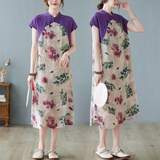 Short-sleeve Floral Print Paneled Midi Qipao