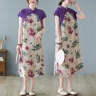 Short-sleeve Floral Print Paneled Midi Qipao