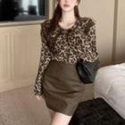 Lace-trim Leopard-print Loose Shirt / Faux-leather Mini Skirt