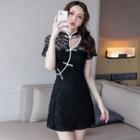Set: Short-sleeve Frog-button Lace Panel Mini A-line Dress + Shorts