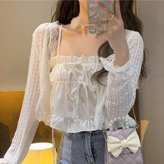 Ruffle Cropped Camisole Top / Long-sleeve Lace Trim Cropped Cardigan