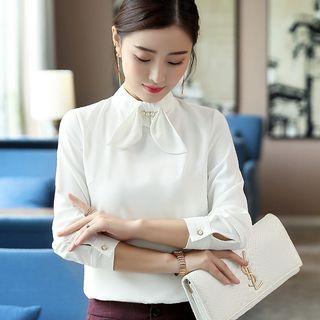 Faux Pearl Accent Long-sleeve Blouse