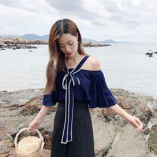 Bow Off-shoulder Elbow-sleeve Chiffon Blouse