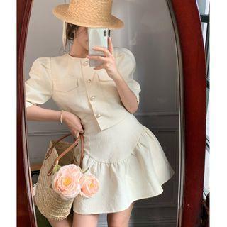 Puff-sleeve Plain Jacket / A-line Skirt