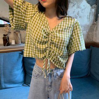 Short-sleeve Check Drawstring Crop Top