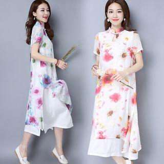 Floral Print Chiffon Stand-collar Dress