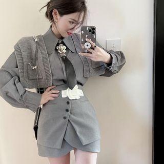 Plain Shirt / Sweater Vest / Mini Pencil Skirt / Necktie