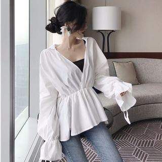 Bell-sleeve V-neck Top White - One Size