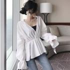Bell-sleeve V-neck Top White - One Size