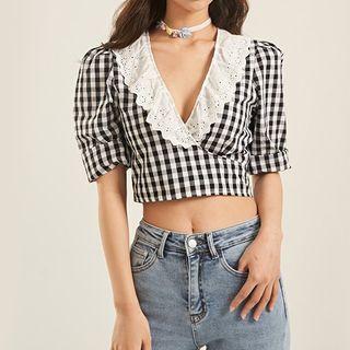 V-neck Lapel Plaid Cross Lace-up Top