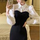 Mock Two-piece Long-sleeve Collar Knit Panel Midi Sheath Dress