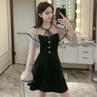 Long-sleeve Dotted Panel Mini Dress