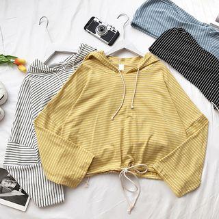 Striped Long-sleeve Drawstring Hooded T-shirt