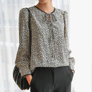 Tie-neck Lace-trim Floral Blouse