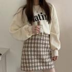 Round Neck Lettering Sweatshirt / Houndstooth Woolen Mini Skirt