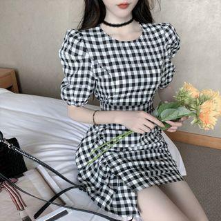Gingham Ruffle Short-sleeve Mini Sheath Dress