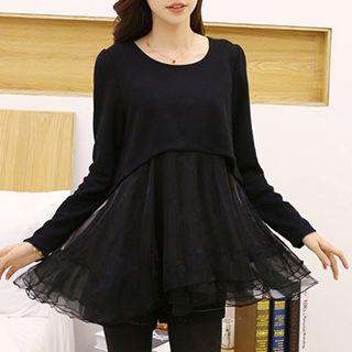 Mesh Panel Long-sleeve Knit Dress