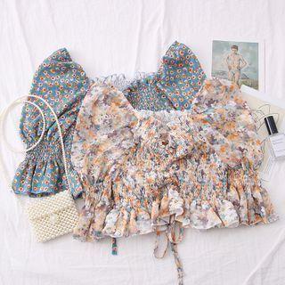 Floral Boatneck Drawstring Smocked Crop Blouse