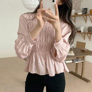 Lantern-sleeve Shirred Plain Blouse