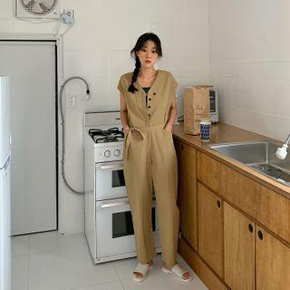 Hidden-button Monotone Jumpsuit Khaki - One Size