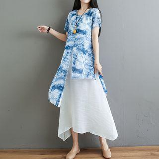 Mock Two-piece Tie-dye Print Short-sleeve Midi A-line Dress