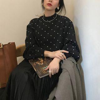Dotted Long-sleeve Loose-fit Blouse Black - One Size