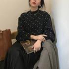 Dotted Long-sleeve Loose-fit Blouse Black - One Size