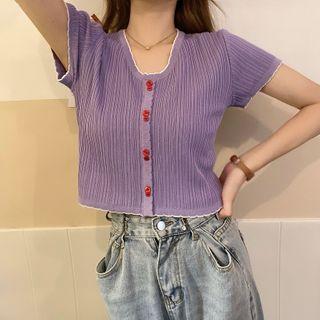 Contrast-trim V-neck Short-sleeve Knit Top