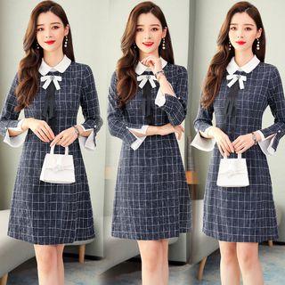 Plaid Collared Long-sleeve A-line Mini Dress