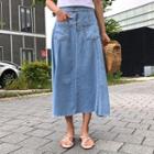 Washed Denim Midi Flare Skirt
