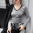 Rhinestone V-neck Drawstring T-shirt